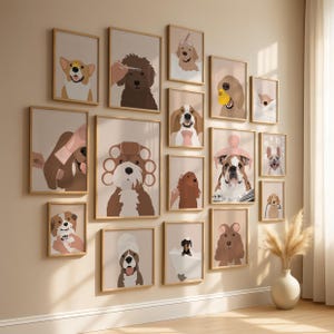 May include: A gallery wall of framed dog portraits, each depicting a different breed in humorous poses. The illustrations feature dogs with accessories like curlers and bathrobes. The frames are a light wood colour.