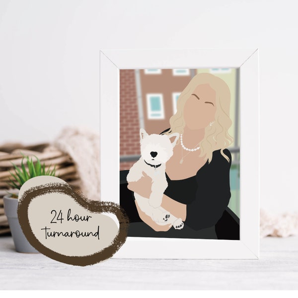 Ritratto personalizzato di animale domestico e proprietario senza volto digitale e stampato. Illustrazione digitale personalizzata di animali domestici e umani. Regalo per animali domestici e genitori. Proprietario di animali domestici.