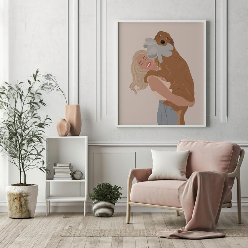 Puede incluir: Una ilustraci&oacute;n digital de una mujer abrazando a un perro marr&oacute;n. La mujer lleva una camisa azul claro y pantalones vaqueros. El perro lleva un juguete gris en la boca. La ilustraci&oacute;n est&aacute; sobre un fondo rosa claro.