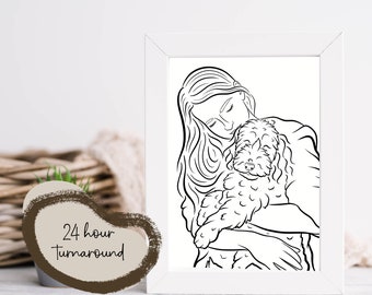 Ilustración personalizada de contorno de mascota y dueño, retrato digital o impreso. Ilustraciones de humanos y mascotas. Perro con padre. Gato con padre.