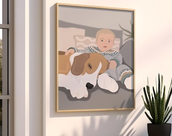 Ilustración digital personalizada de perro y dueño. Impresiones disponibles. Retrato personalizado de perro y dueño. Impresión de ilustraciones de humanos y mascotas. Todos los animales.