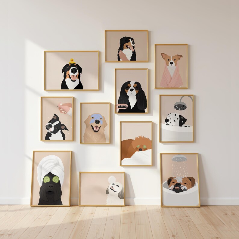 May include: A set of framed dog portraits, each showing a different breed in amusing situations. The illustrations feature dogs with spa treatments, in baths, and wearing accessories. The frames are gold, and the background is a neutral beige.