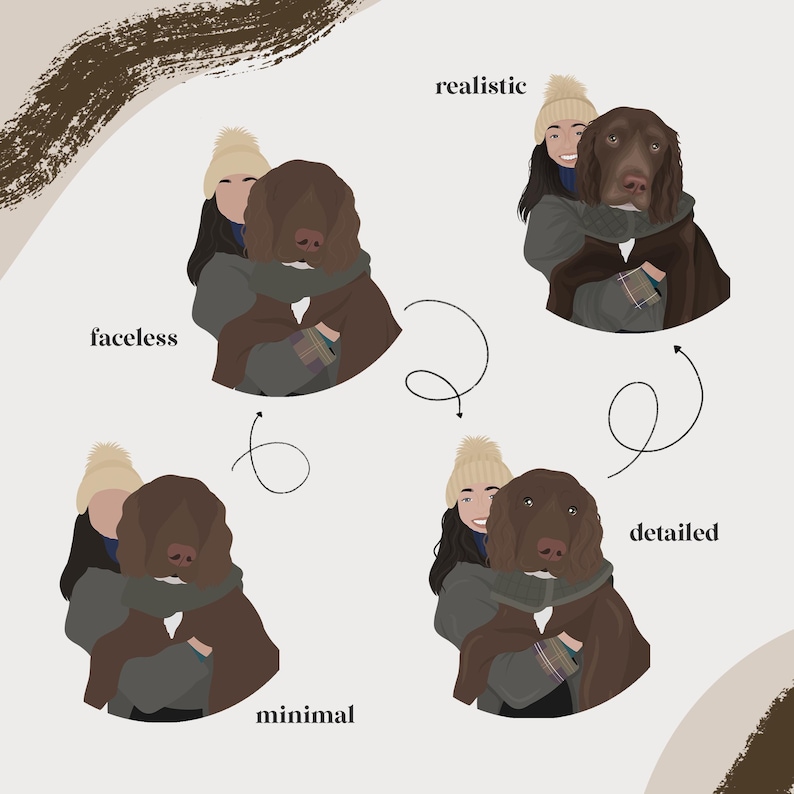 Puede incluir: Cuatro ilustraciones de una persona abrazando a un perro. Las ilustraciones est&aacute;n en diferentes estilos: realista, detallado, sin rostro y minimalista.