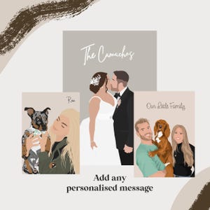 Puede incluir: Tres retratos ilustrados de una pareja y su perro. La pareja est&aacute; vestida con atuendo de boda y est&aacute; etiquetada como "The Camachos". El otro retrato muestra a la pareja sosteniendo a su perro y est&aacute; etiquetado como "Our Little Family". El tercer retrato muestra a la mujer sosteniendo al perro y est&aacute; etiquetado como "Rex".