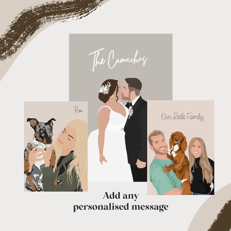 Puede incluir: Tres retratos ilustrados de una pareja y su perro. La pareja est&aacute; vestida con atuendo de boda y est&aacute; etiquetada como "The Camachos". El otro retrato muestra a la pareja sosteniendo a su perro y est&aacute; etiquetado como "Our Little Family". El tercer retrato muestra a la mujer sosteniendo al perro y est&aacute; etiquetado como "Rex".