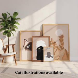 May include: A set of framed cat illustrations in different sizes. The artwork depicts a Siamese cat, a black cat with a towel, a tabby cat with a bubble, and a gray cat in a shower. The text at the bottom reads "Cat illustrations available."