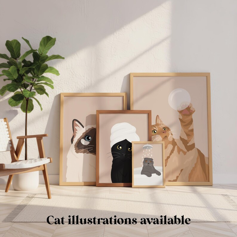 May include: A set of framed cat illustrations in different sizes. The artwork depicts a Siamese cat, a black cat with a towel, a tabby cat with a bubble, and a gray cat in a shower. The text at the bottom reads "Cat illustrations available."