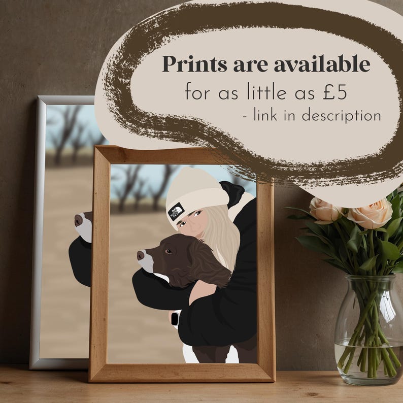 Puede incluir: Una ilustraci&oacute;n digital de una mujer con una chaqueta negra y un gorro blanco sosteniendo un perro marr&oacute;n y blanco. El texto "Prints are available for as little as &pound;5 - link in description" se muestra encima de la imagen.