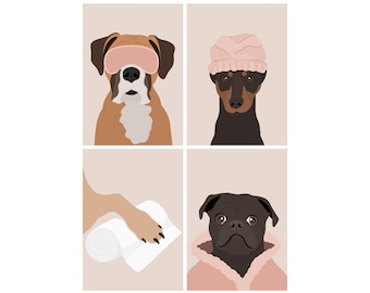 May include: A collage of four images featuring dogs in various states of relaxation. The top left image shows a brown and white boxer dog wearing a pink sleep mask. The top right image shows a black and brown miniature pinscher dog wearing a pink knitted hat. The bottom left image shows a hand holding a white towel. The bottom right image shows a black pug dog wearing a pink robe.