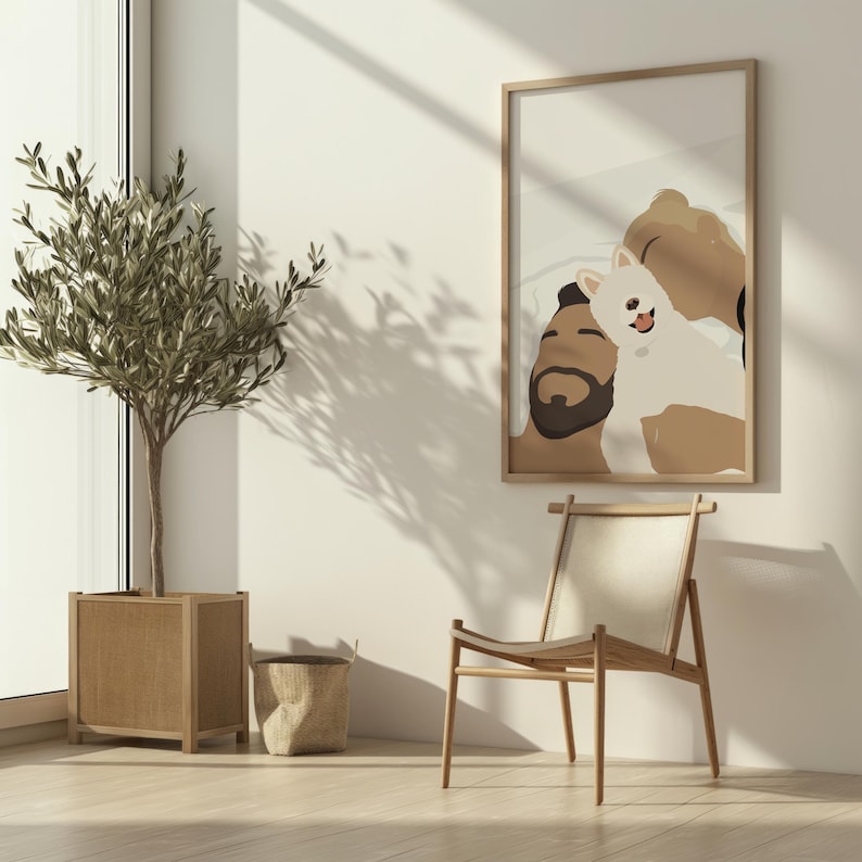 Puede incluir: Una ilustraci&oacute;n enmarcada de una pareja y su perro. La pareja est&aacute; tumbada con su perro entre ellos. La ilustraci&oacute;n es de estilo minimalista con colores apagados.