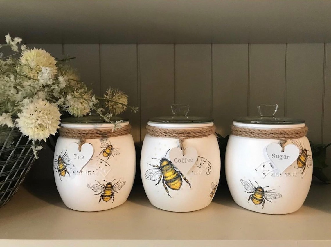 Bee Themed Tea, Coffee, Sugar Pot Set With Push Top Lids in Kilner Jars