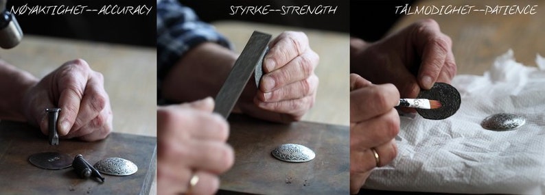 May include: A three-part sequence showing metalworking steps. The first panel shows a metal stamp on a disc with the text N&Oslash;YAKTIGHET--ACCURACY. The second shows filing a disc with STYRKE--STRENGTH. The third shows painting a disc with T&Aring;LMODIGHET--PATIENCE.
