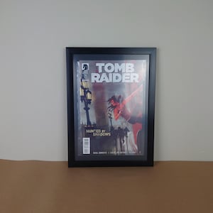 Op de afbeelding: Een zwart ingelijst stripboek met een vrouw in rode kleding die een gebouw beklimt met de titel "Tomb Raider: Hunted by Shadows" en de namen "Gail Simone | Nicolas Daniel Selma".