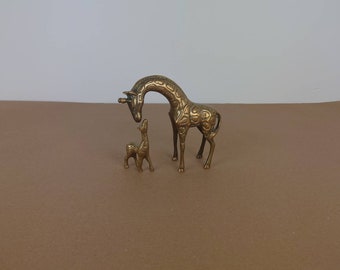 Brass giraffe and baby. Vintage miniature brass giraffes