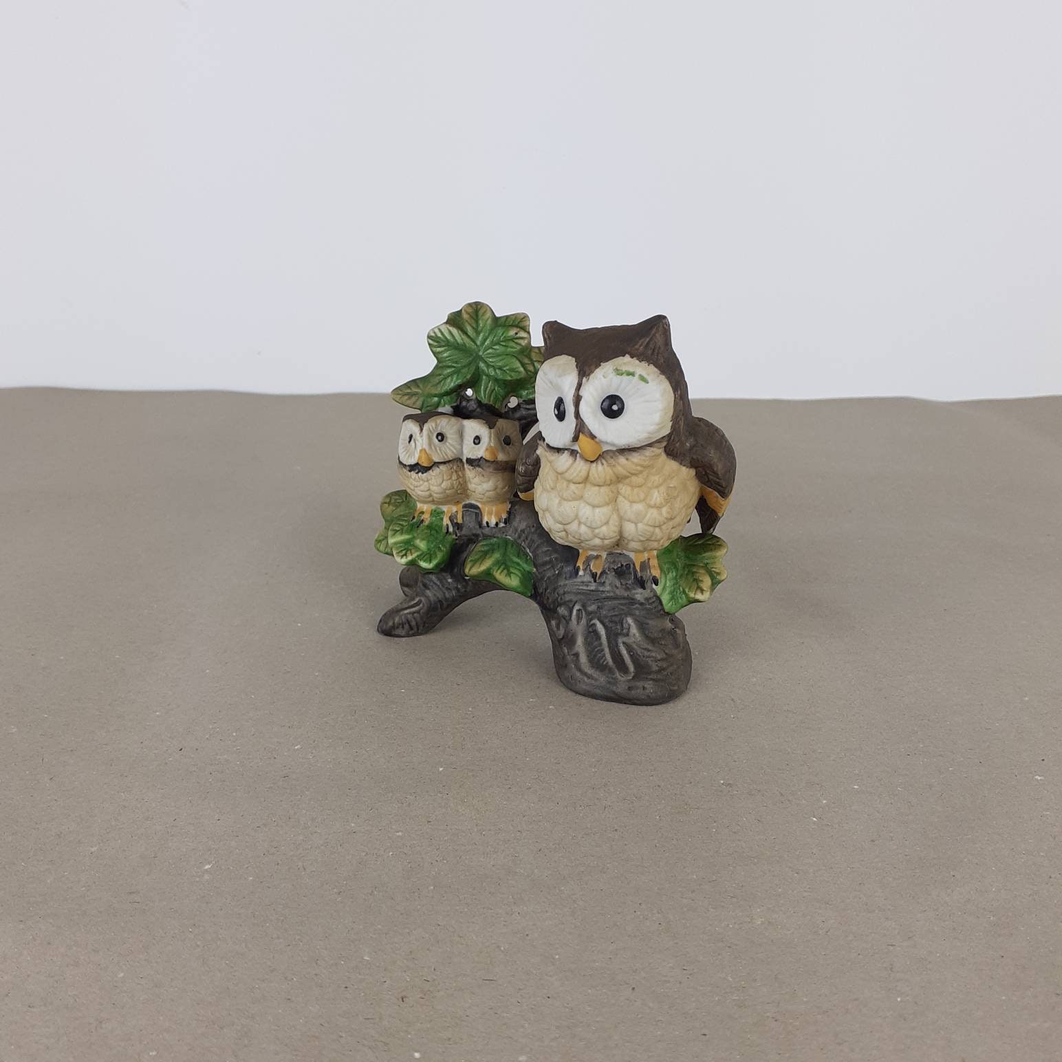 Vintage Ceramic Owl Figurine: Three Owls on Twig Ornament