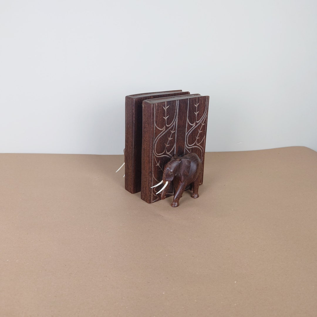 Elephant Wooden Bookends With Tusks Etsy