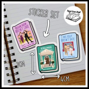 May include: A set of three book-themed stickers featuring the titles "Delilah Green Doesn't Care", "Astrid Parker Doesn't Fail", and "Iris Kelly Doesn't Date". The stickers are 7 cm tall and 4 cm wide.
