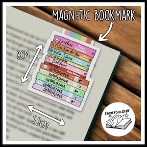 May include: A magnetic bookmark featuring a stack of colourful books with titles such as "Loveless", "I Was Born for This", "Radio Silence", "Solitaire", and "Heartstopper". The bookmark is 8 cm tall and 5.5 cm wide. The bookmark also includes the text "Treat Your Shelf" with a star on either side.