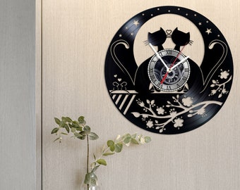 Romantic Cats Vinyl Record Wall Clock, Feline Home Decor