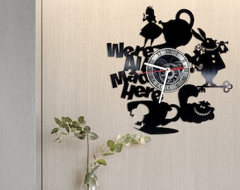 Tea Time Vinyl Record Wall Clock, Nursery Decor, Gifts for Kids, Boys, Girls, We Are All Mad Here Alice Art