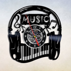 Music Notes Vinyl Wall Clock, Headphones Wall Art, Music Wall Decor, Gift for Music Lovers, Music Record Clock, Gift Ideas for Musicians
