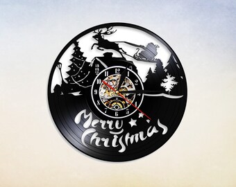 Vintage Vinyl Record Christmas Wall Clock, Santa's Sleigh, Handmade