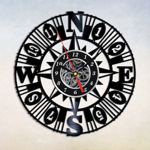 Boussole Vinyle Horloge Murale, Idées Cadeaux pour Voyageur, Horloge Murale Voyage, Voyage Wall Art Decor