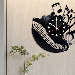 Music Notes Vinyl Wall Clock, Piano Wall Art, Music Wall Decor, Piano Gift for Music Lovers, Music Record Clock, Gift Ideas for Musicians