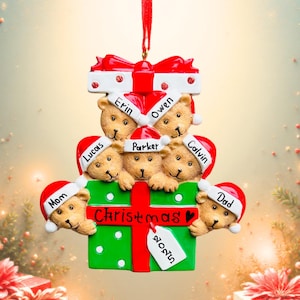 Adorno personalizado para familia de 7, decoración navideña para árbol de Navidad con forma de familia de osos para nietos y familia numerosa, adorno para 2025 de personas de 7