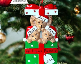 Adorno navideño personalizado de familia de osos: 2025 osos de 2, 3, 4, 5, 6, 7, 8 y 9 años, decoración para árbol de Navidad, idea de regalo para familiares y nietos.