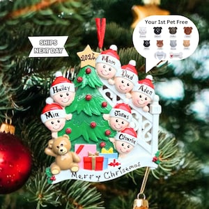 Grandkids and Big Family Christmas Ornament for 7 People - Christmas Morning Ornament with Christmas Tree - Personalized Family of 7