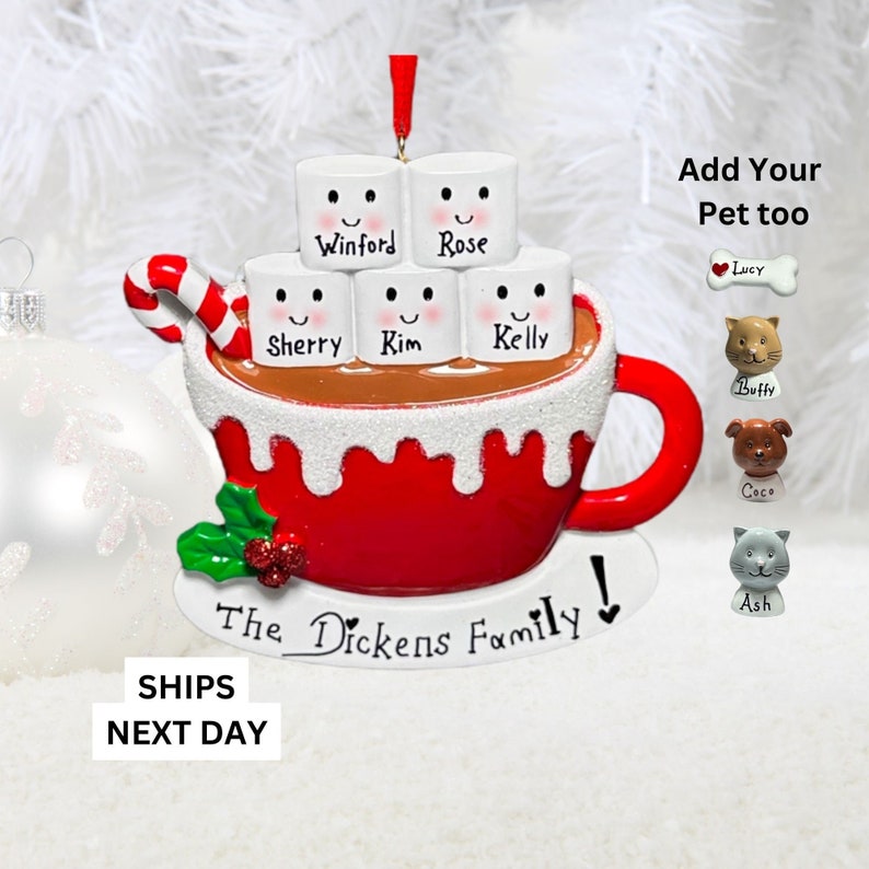 Christmas 2025, a charming keepsake featuring your loved ones’ names on smiling marshmallows. This Custom Marshmallow Family Ornament – Holiday 2025 Keepsake is perfect for cozy Christmas vibes and makes a great addition to your tree. Designed as a Christmas Mug Ornament with Names – Family of 5 – 2025,  Our Hot Chocolate Family Ornament – Christmas Tree Decor 2025 Ornament this listing.