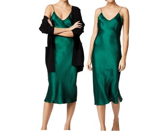 green silk satin dress