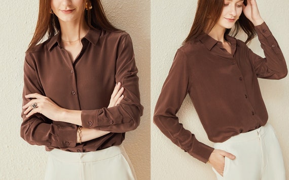 retrasar atmósfera Atlas Camisa de botones de seda pura de mujer en marrón / blusa de - Etsy España