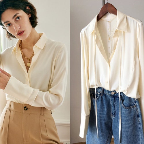100% heavy silk shirt in cream /women's shirt /blouse /top /button down shirt /wardrobe staple