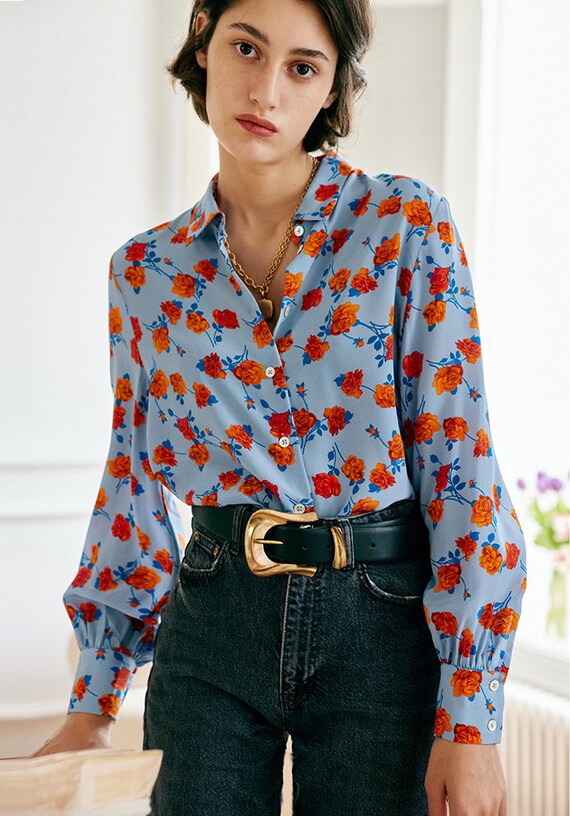Camisa de seda pura en /blusa de - Etsy España