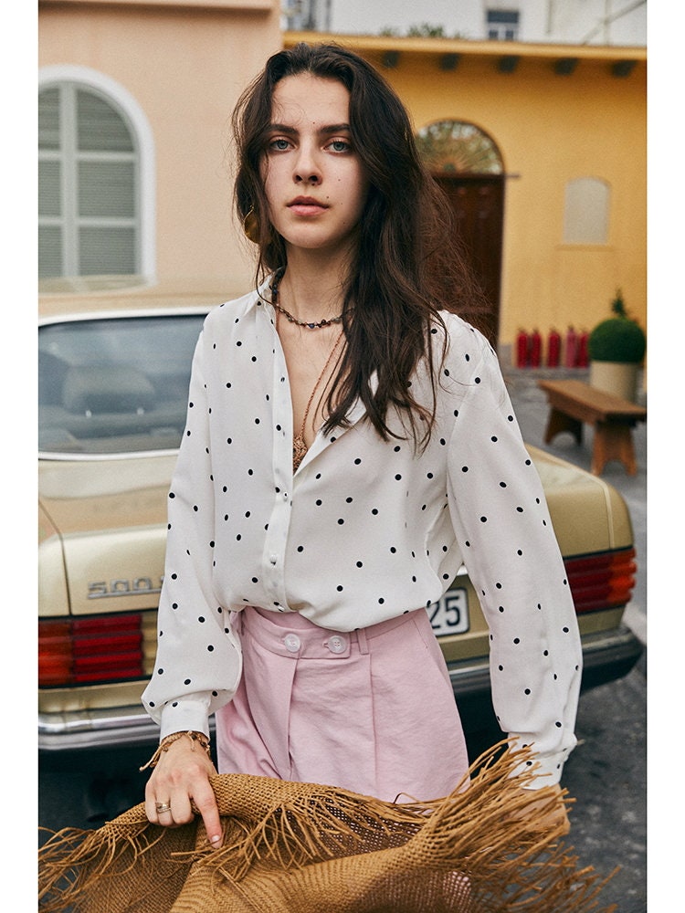 100% Real Silk Polka Dot Button Long Sleeves Shirt /women -  Israel