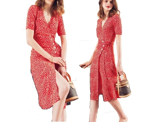 Women Printed Wrap Midi Dress /summer 