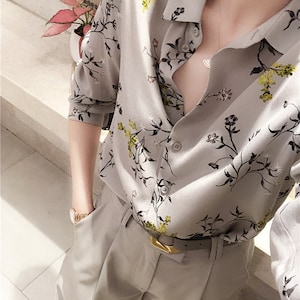 100% pure silk long sleeves button down shirt in grey  /women silk work top /casual /day / silk blouse / top/real silk /nonothing fashion