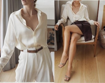 Luxurious 100% mulberry silk blouse /Real silk button down long sleeves shirt in white  /women silk top /office wear /nonothing fashion