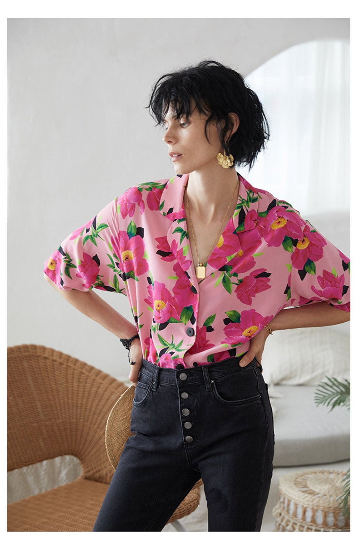 100 Pure Silk Floral Button Down Shirt /women Shirt /blouse Etsy