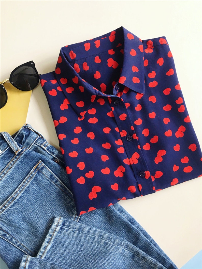100/% pure silk little heart printed long sleeves button down shirt women blouse top work outfit capsule wardrobe nonothing fashion