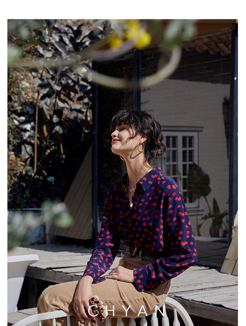 100/% pure silk little heart printed long sleeves button down shirt women blouse top work outfit capsule wardrobe nonothing fashion