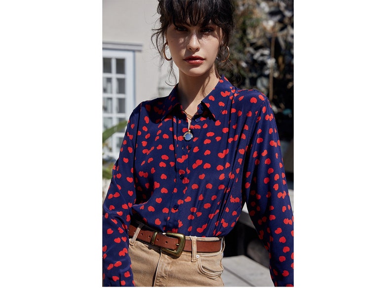 100/% pure silk little heart printed long sleeves button down shirt women blouse top work outfit capsule wardrobe nonothing fashion