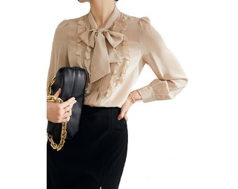 100% silk beige blouse with self tie /women's silk top /office wear /gift for her /nonothing fashion