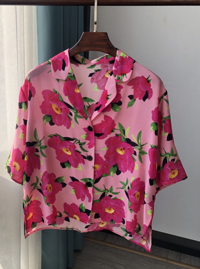 100 Pure Silk Floral Button Down Shirt /women Shirt /blouse Etsy