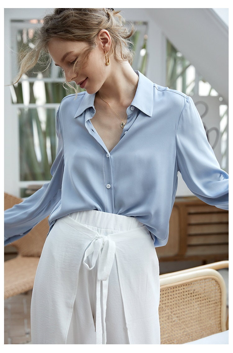 Sudan træt af Rektangel High Quality Silk Long Sleeves Women Blouse in Light Blue / - Etsy