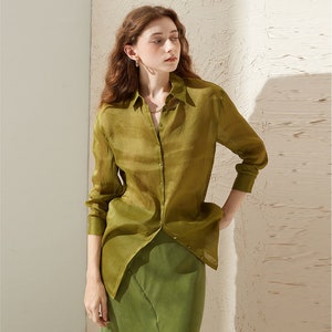 Stunning Silk & Linen blend shirt in olive green / women's long sleeves shirt /top /blouse /office wear /nonothing fashion