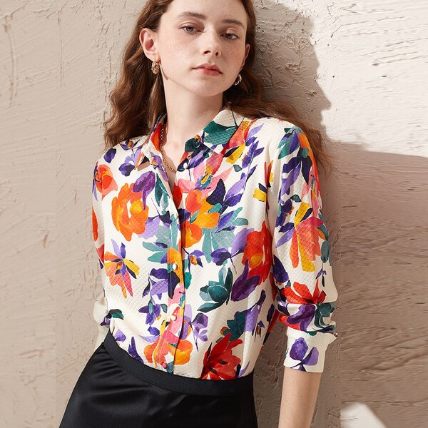 0055~floral-print silk oversized top main image 0