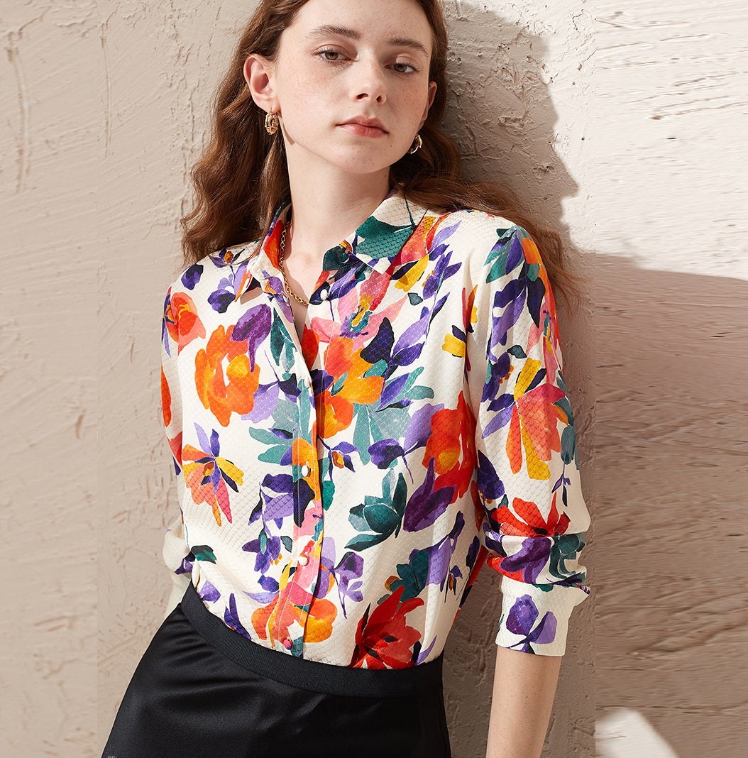 100% Pure Silk Floral Print Shirt /women Blouse /top /workwear
